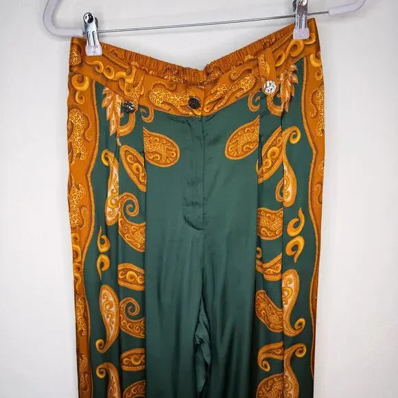 NWT Anthropologie Farm Rio Printed Wide Leg Green Gold Cheetah Satin Pants Med - Picture 4 of 15
